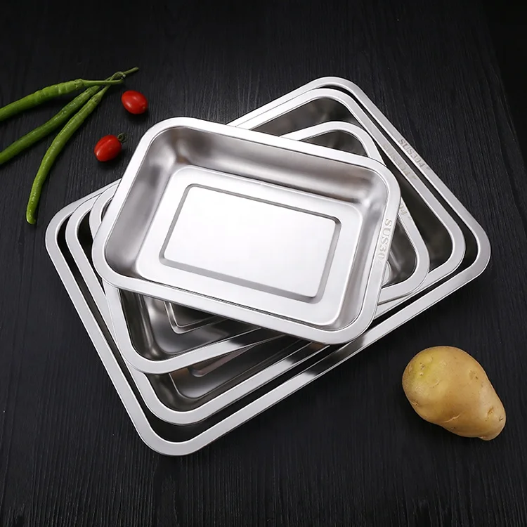 Factory Stainless Steel 304 Rectangular Shallow Plate Large Size Square Shape Plates Square Pizza Baking Pan Fish Serving Tray