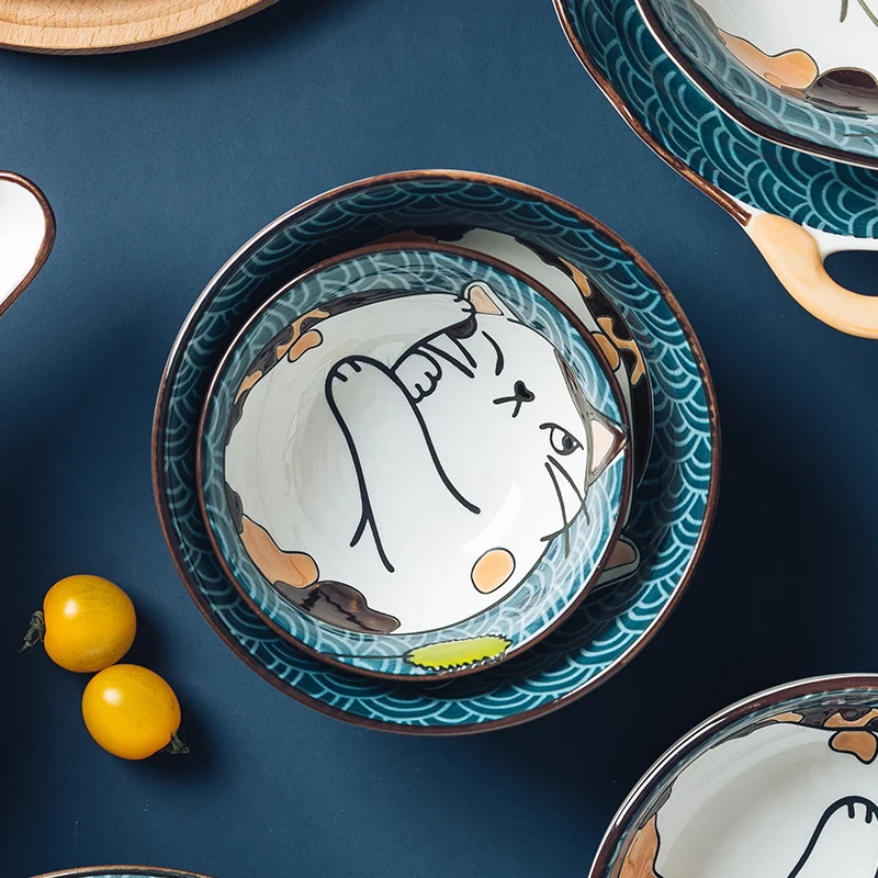 Jade-cer Cartoon Cat Japanese Design Dinnerware Set Dishes & Plates Porcelain Plates Ceramic Baby Bowl Soup Bowl