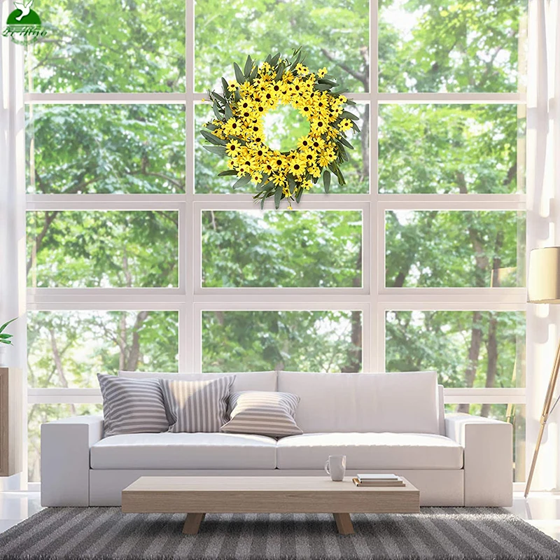 Custom Hot Sale Yellow Spring Sunflower And Daisy Wreath With Yellow Pip Berries And Green Leaves For Front Door Decoration