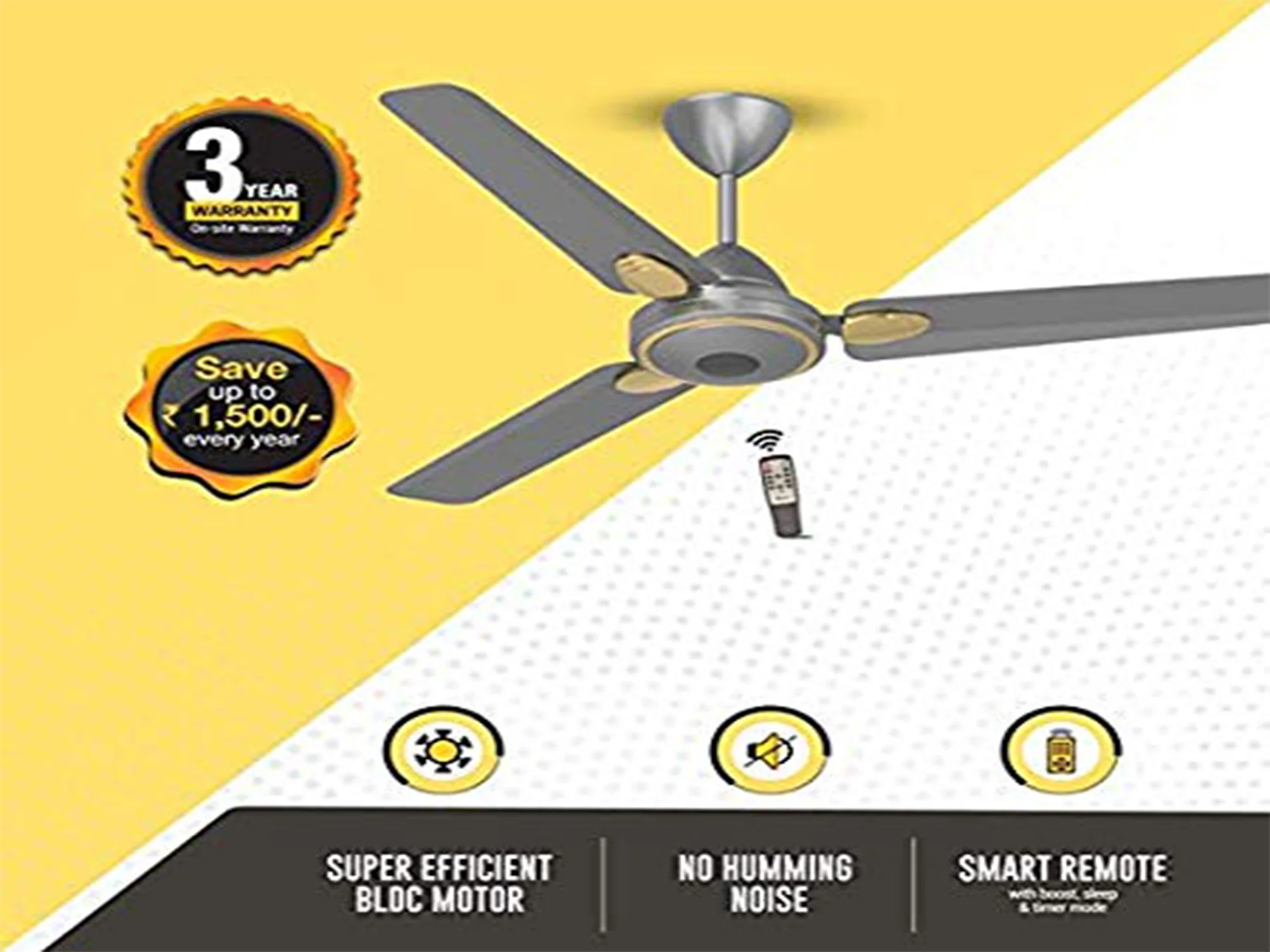 High Rated Energy Saving Ceiling Fan with Remote Control | REVE BLDC Motor, 1200mm, 3 Blades Ceiling Fan
