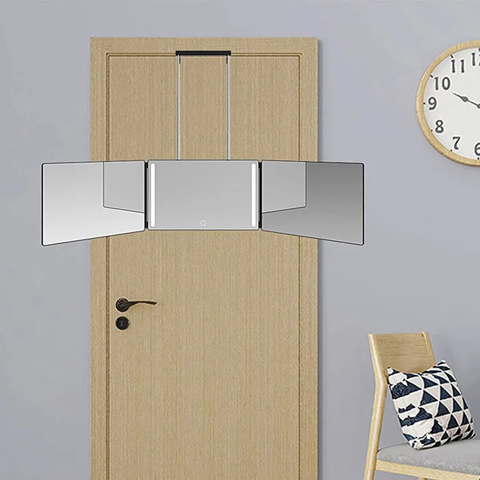 Hot sale self-cutting three-sided folding makeup mirror with lamp led three-folding mirror