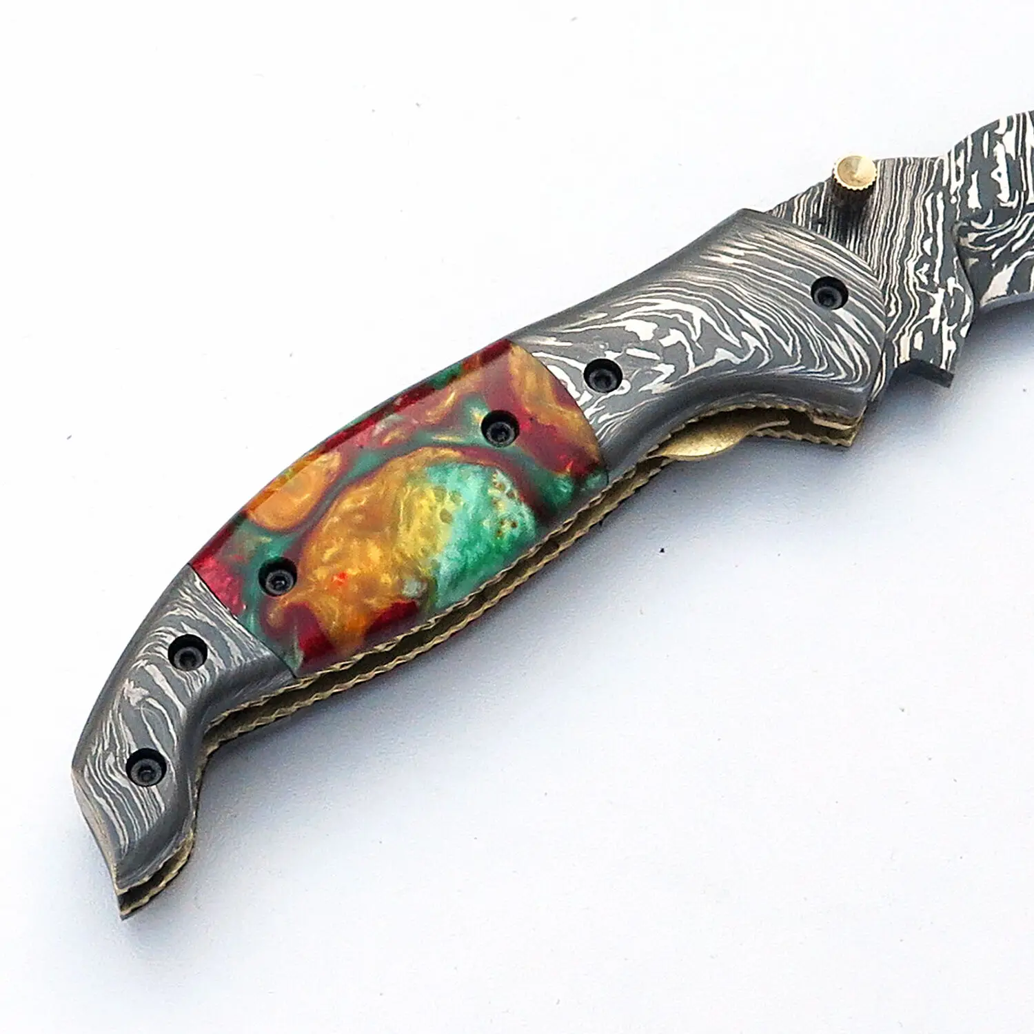 UNIQUE HANDMADE DAMASCUS STEEL FOLDING KNIFE LINER LOCK / HANDEL GEM STONE