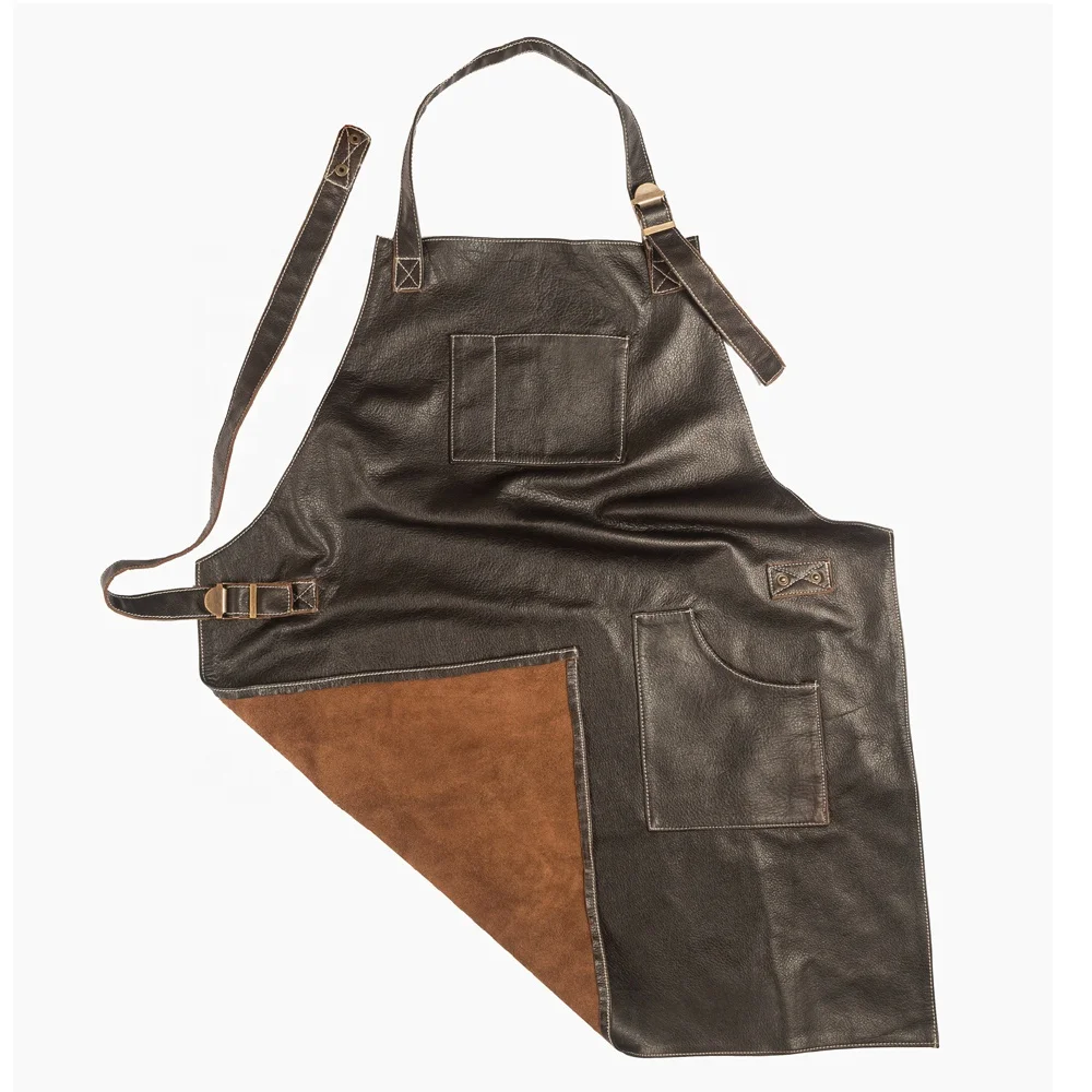 Adjustable Leather Aprons with Pockets in Genuine leather yellow color with Custom Logo low MOQ Apron for Workshop & Restaurant