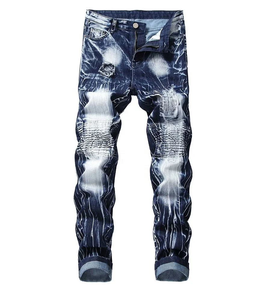 Men tie and dye washed slim stretch biker jeans casual ripped bleached dark blue denim pants for motorcycle