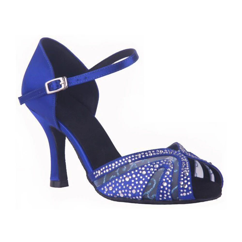 Горячая Распродажа Синие атласные со стразами кружевные мягкие стельки ручной работы обувь для бальных танцев сальсы бачаты
