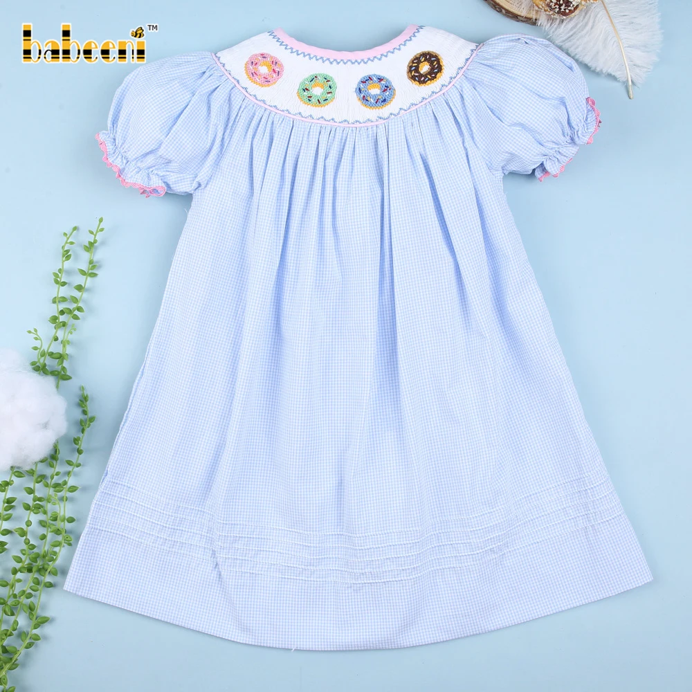 Smocked Donut Baby Blue Gingham Dress - BB1945 Children Short Sleeve Plaid Casual Long ODM 100% Cotton Puff Sleeve Girls Spring