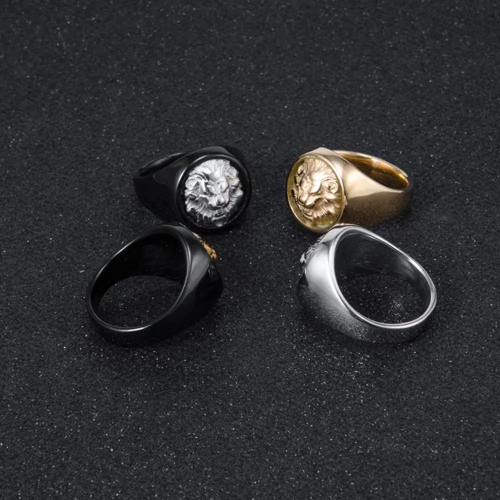 Custom Fashion Mens Jewelry Black Stainless Steel Gold Lion Head Finger Class Ring