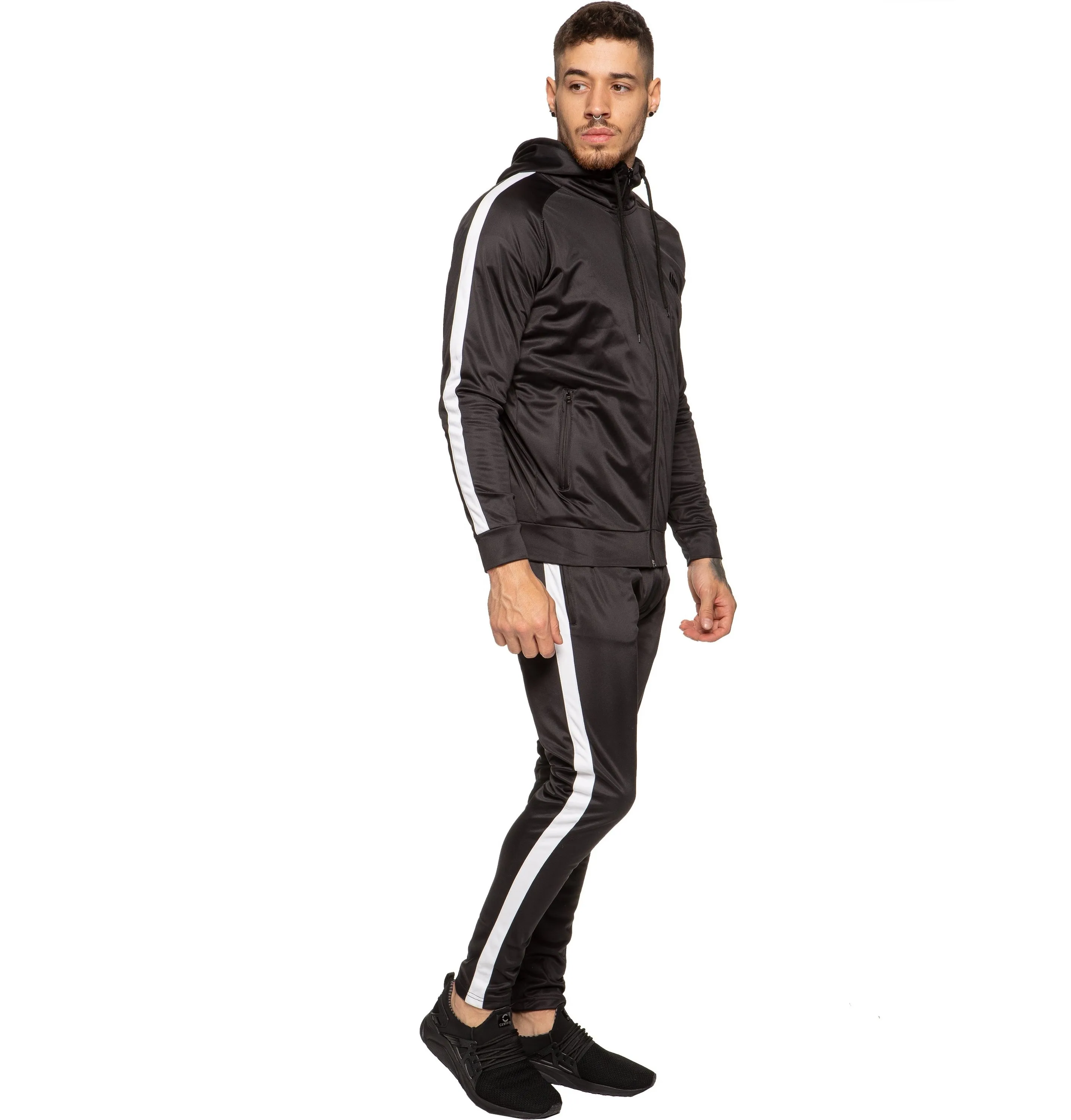 
Черный блестящий спортивный костюм с белыми полосками, комплекты тренировочных костюмов с цепочкой на молнии, уличная одежда, мужская спортивная одежда, повседневная одежда с логотипом, спортивный костюм 