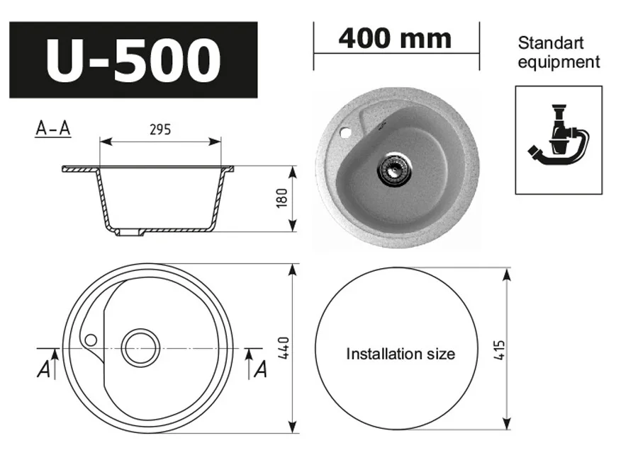 Round kitchen sink ULGRAN U-500 with mixer tap hole, sink single bowl round composite stone 12 colors