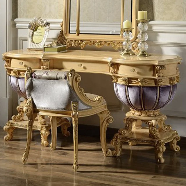 Rococo Carved Wood Dressing Table, French Style Louis XV Wooden and Velvet Dresser with Mirror and Stool for Bedroom
