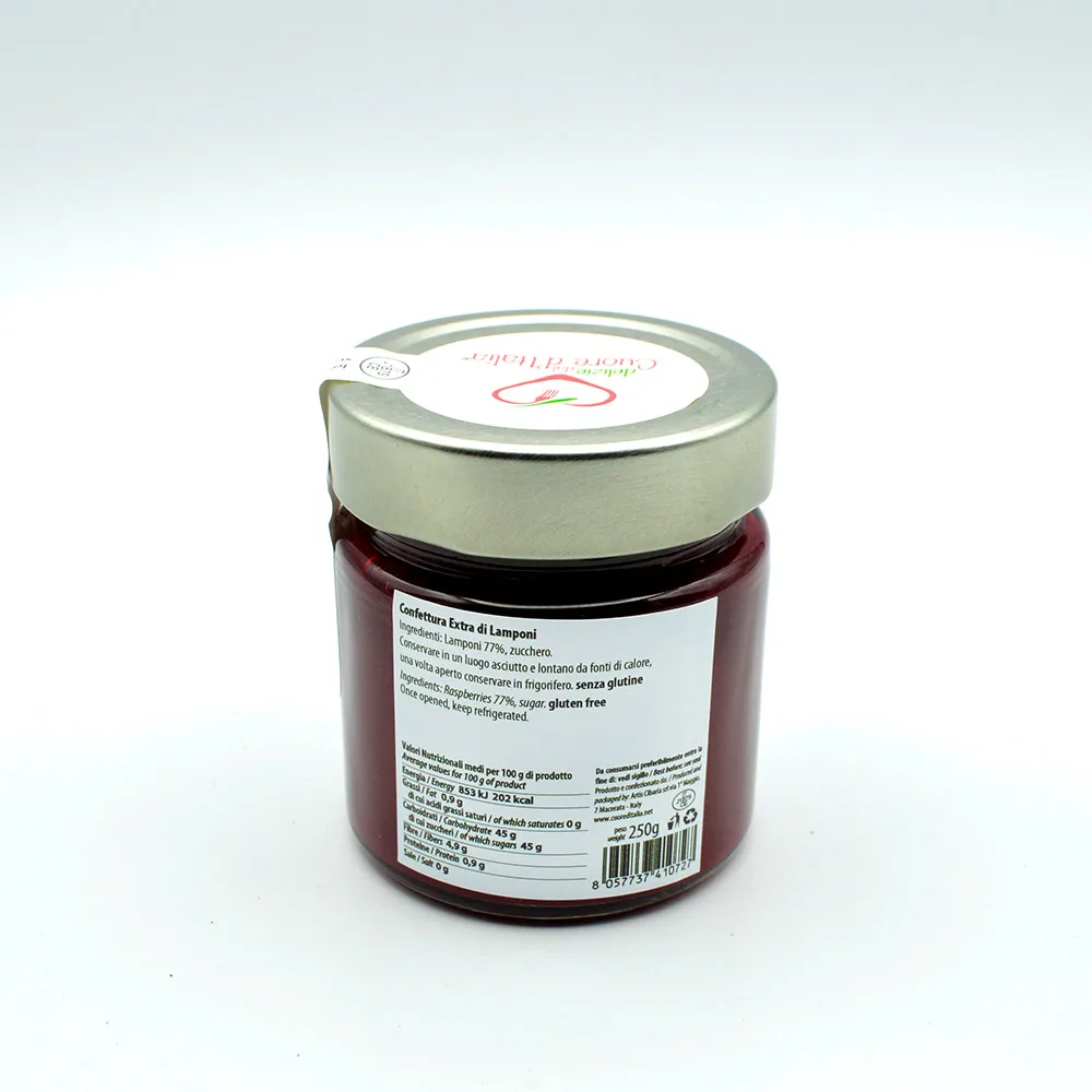 High quality  Made in Italy Raspberry Jam Jam 250gr jar without preservatives for export without pectin with 150 gram