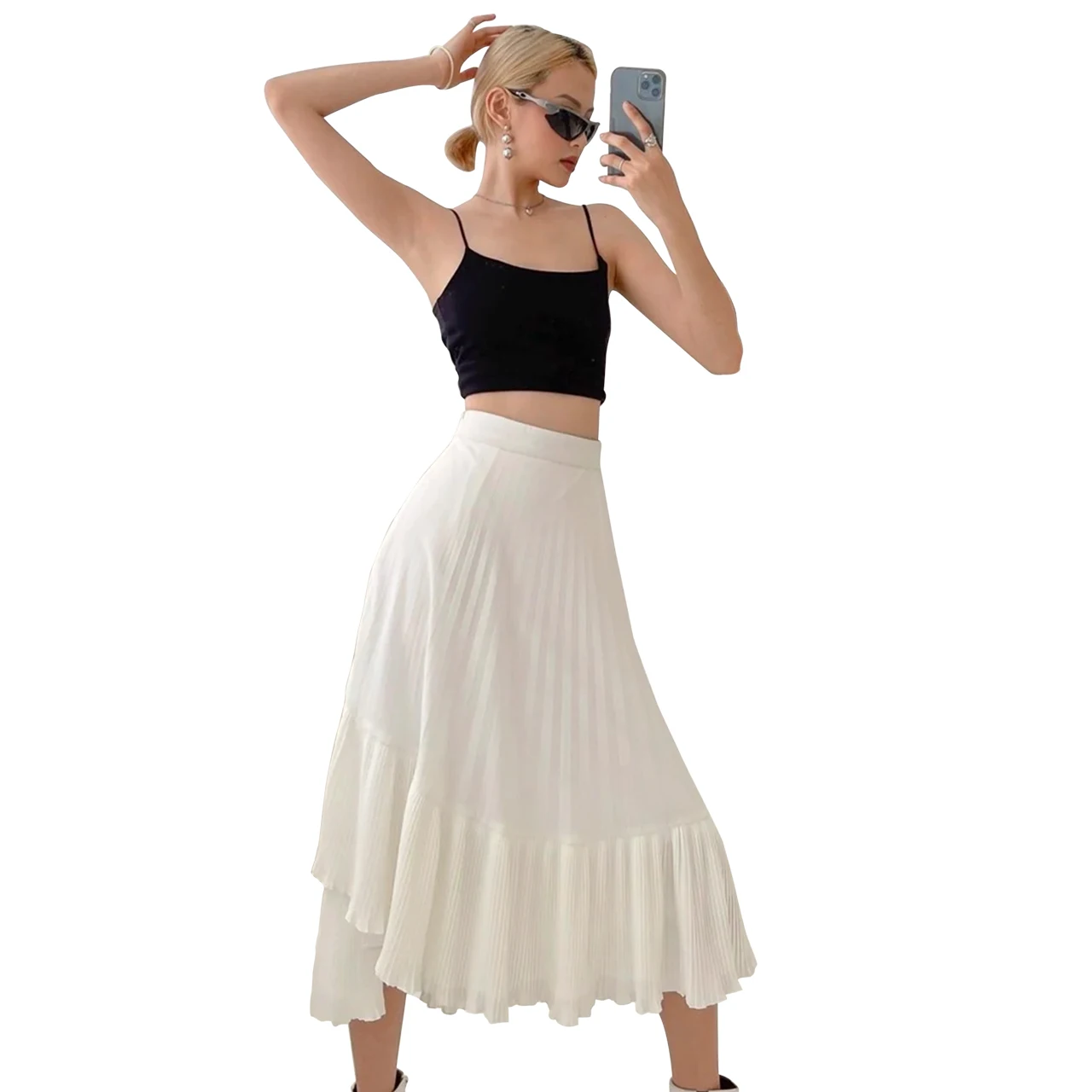 New Arrival Korean Women Skirts Clothing High Waist Asymmetrical Elastic Pleated Midi Skirts Made in Vietnam