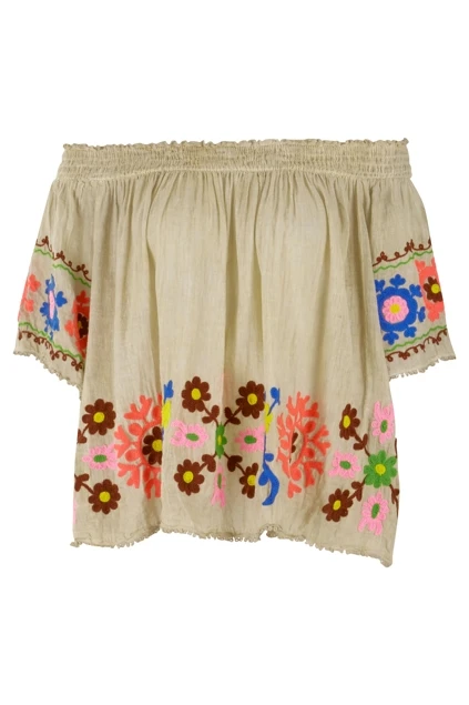 2019 Show Stopper Sexy Bohemian Off Shoulder Hippo Look Women Top Bright Suzani Embroidered Pom Pom Trim Beach Boho Chic Blouse