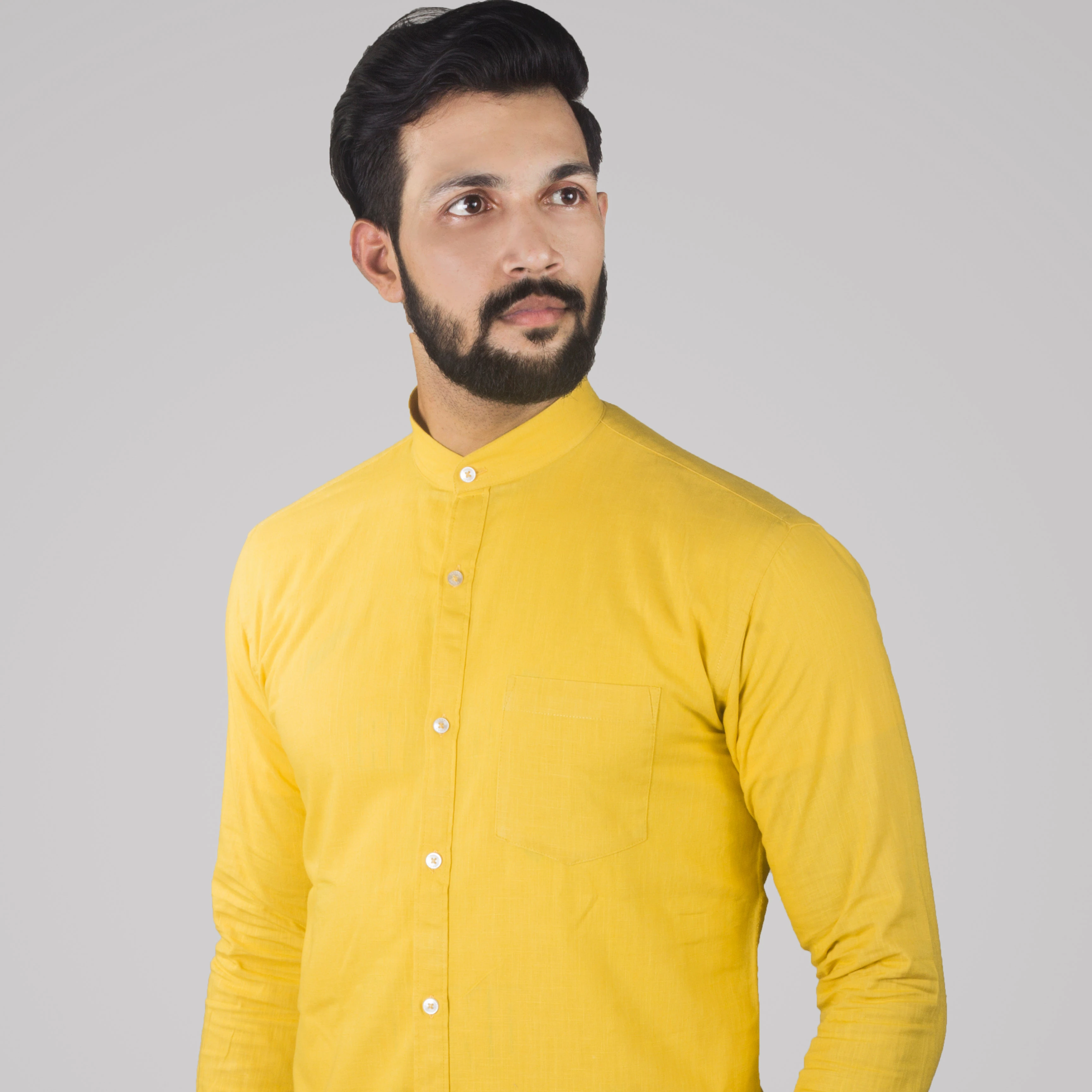 
Желтая льняная Простая рубашка с воротником-стойкой для мужчин, повседневная одежда 