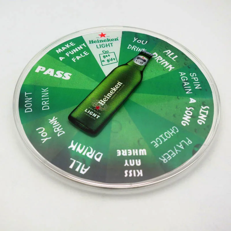 New arrival beer bottle funny game design on round spinning plastic coaster