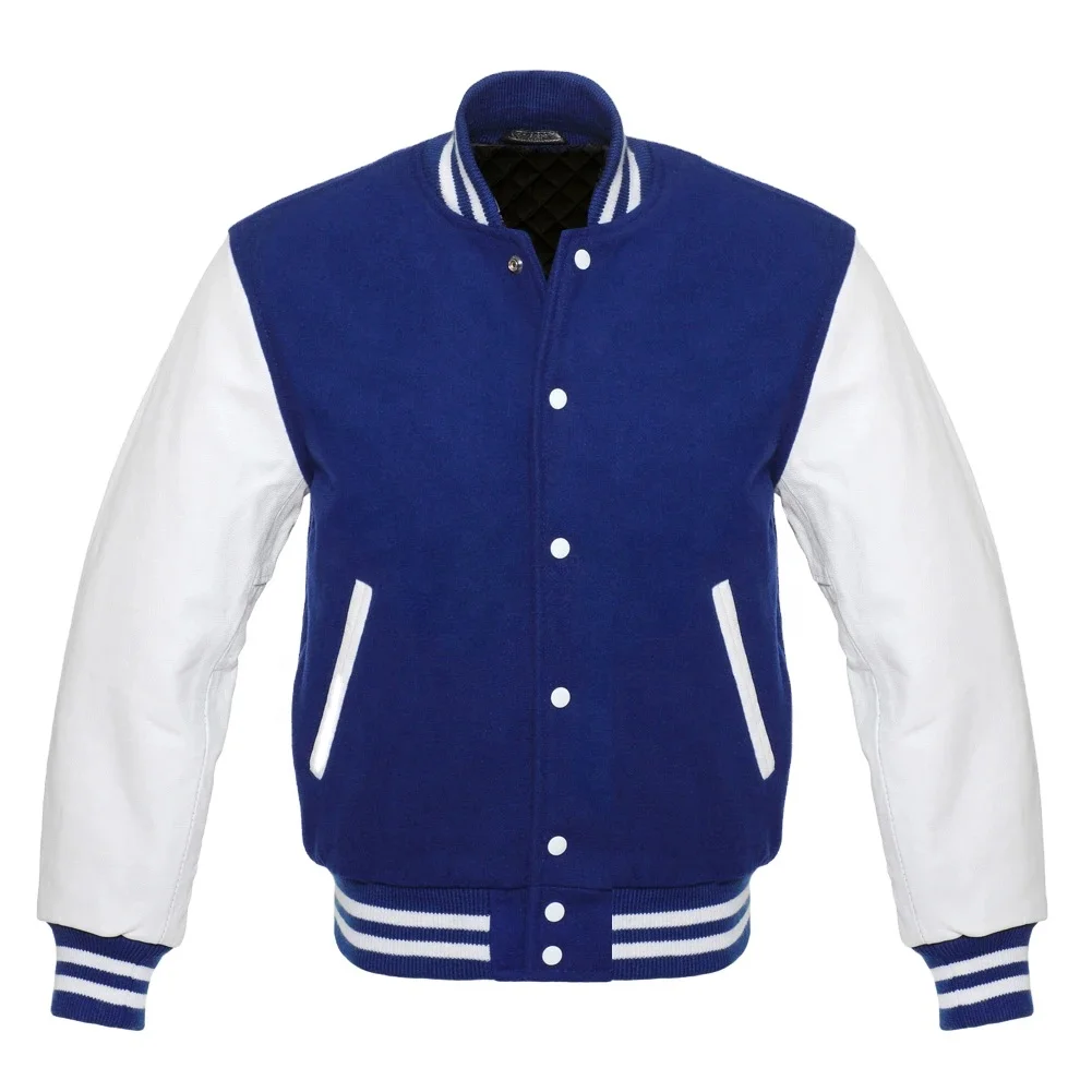 
High Quality Men Navy Blue & White baseball jacket Wool Body and Leather Sleeves 