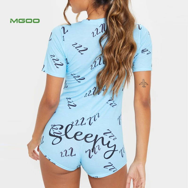 
MGOO OEM Blue Short Sleeve Sexy Adult Onesie Letter Printing Pajama Set Romper for Women 