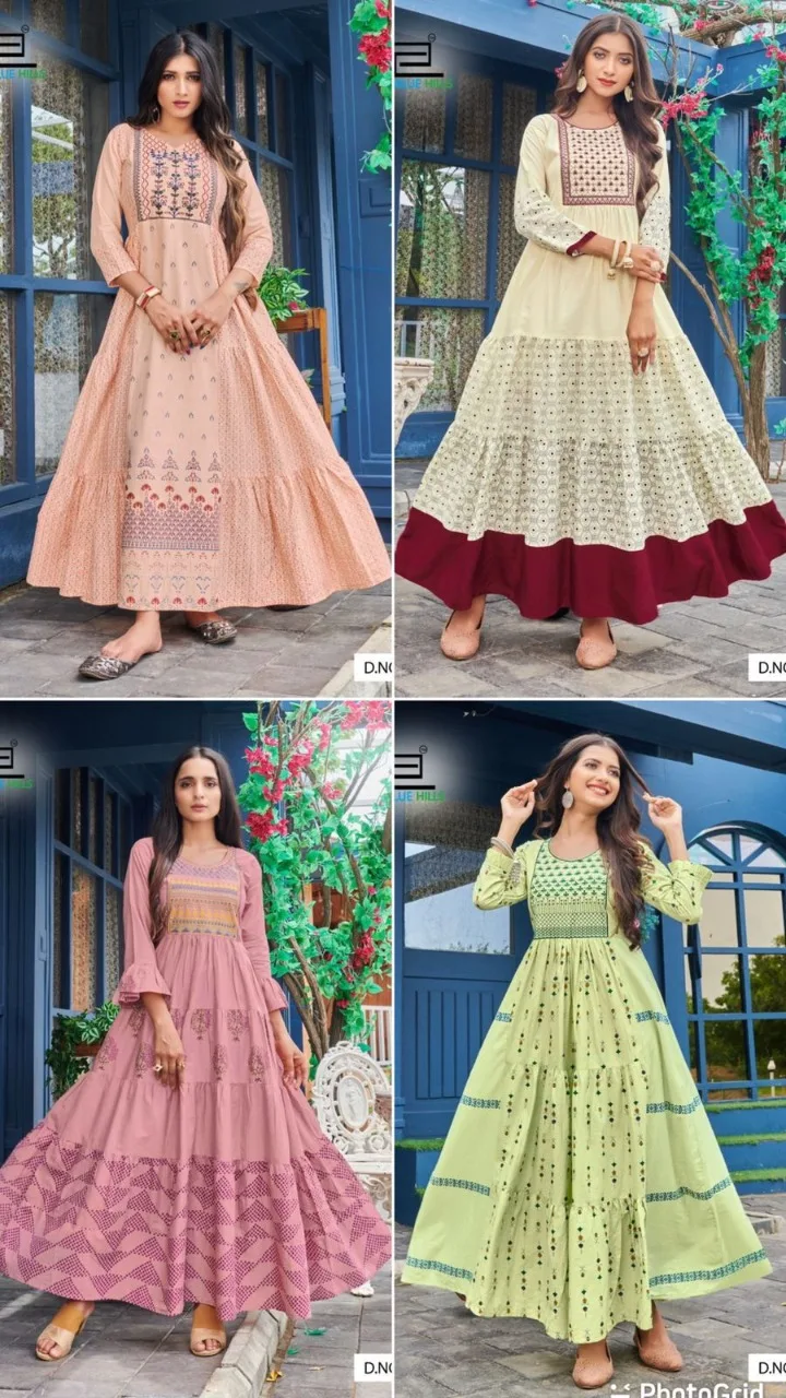 Desirable Elementry Cream colour  Long Gown with Frill Concept and heavy Embroidery work  in heavy Cotton Camric of Royal Export