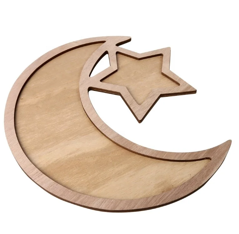 Eid Ramadan Mubarak Wooden Artistic Eid Mubarak Party Serving Tableware EID Muslim Ramadan Tray Display Wood Decoration