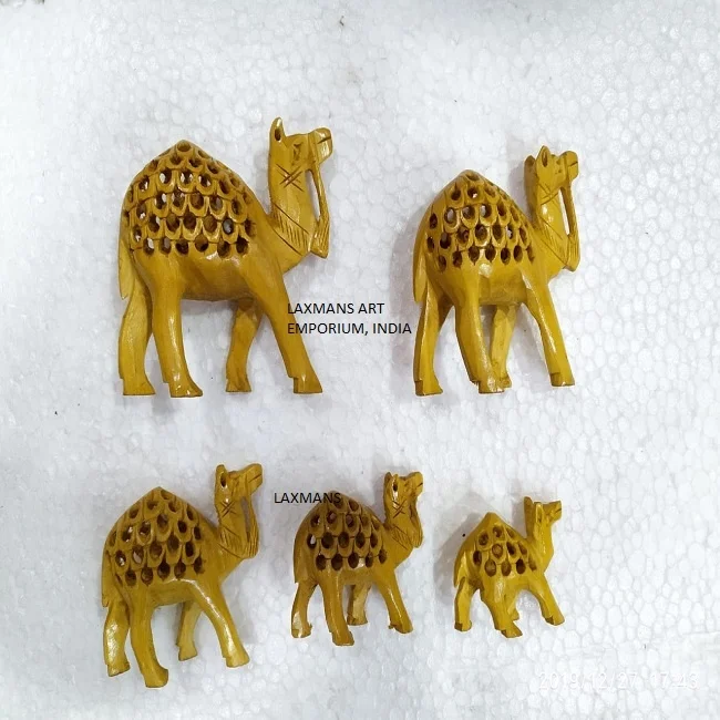 wooden carved camel statues set
