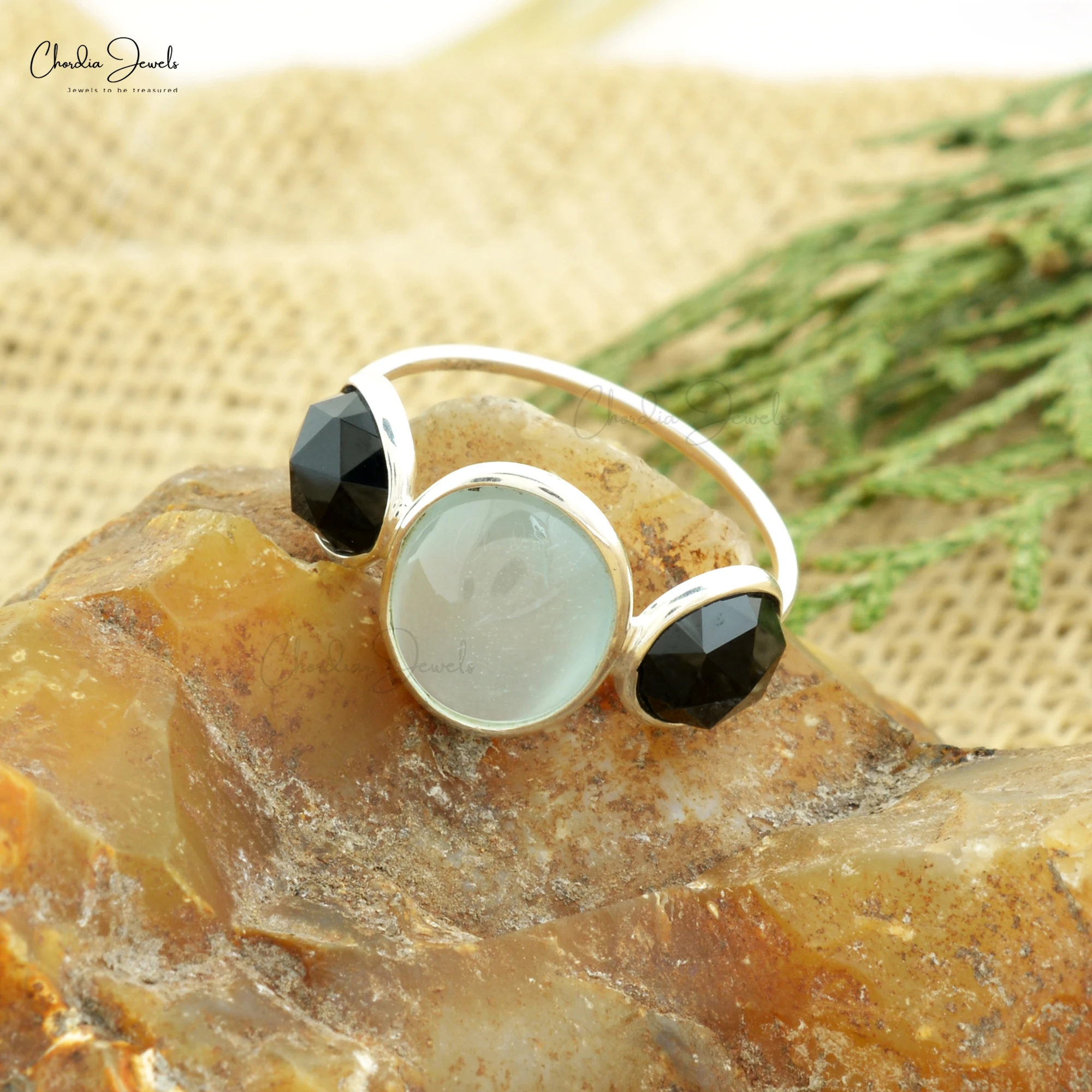 Authentic Black Onyx and Aquamarine Three Stone Gemstone Handmade Fashion Ring Jewelry in 925 Sterling Silver Wholesaler Price