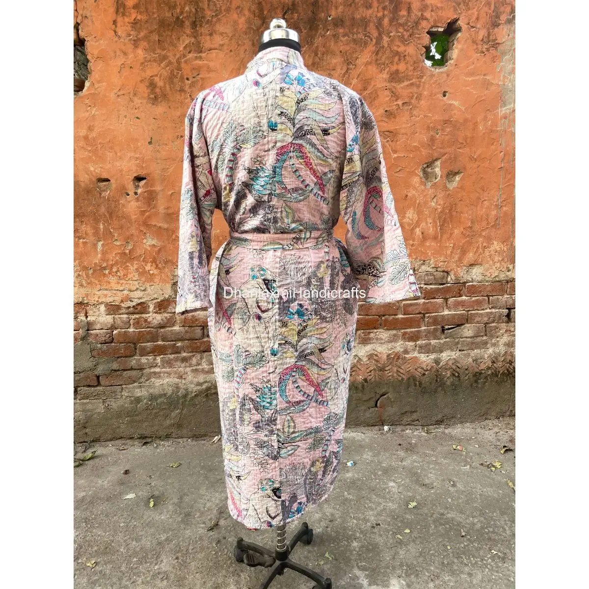 Pink Handmade Maxi Gown Dress Monkey Print Kimono Style Kantha Quilted Sleepwear Wholesale Indian Cotton Women Bath Robes