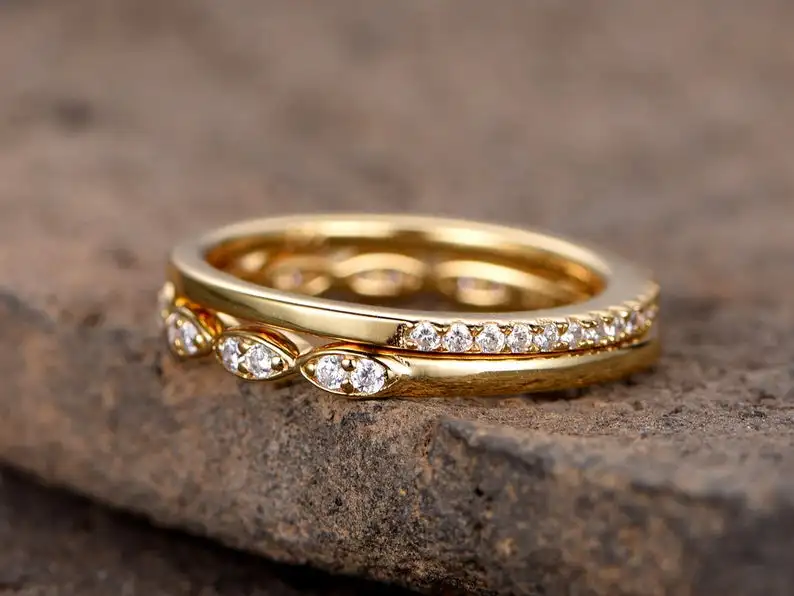 925 Sterling Silver CZ wedding band Diamond eternity stacking rings 2PCS Matching Half Yellow gold Plated