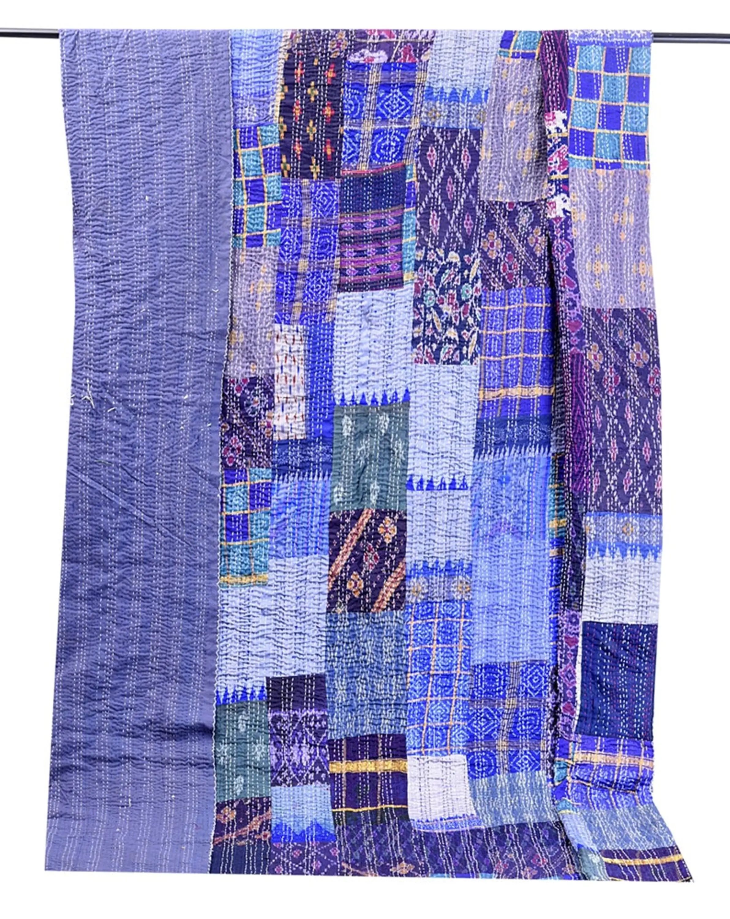 Indian Handmade Cotton Patchwork Reversible Kantha Quilt Patola Silk Kantha Bedspread Blanket Bed Cover