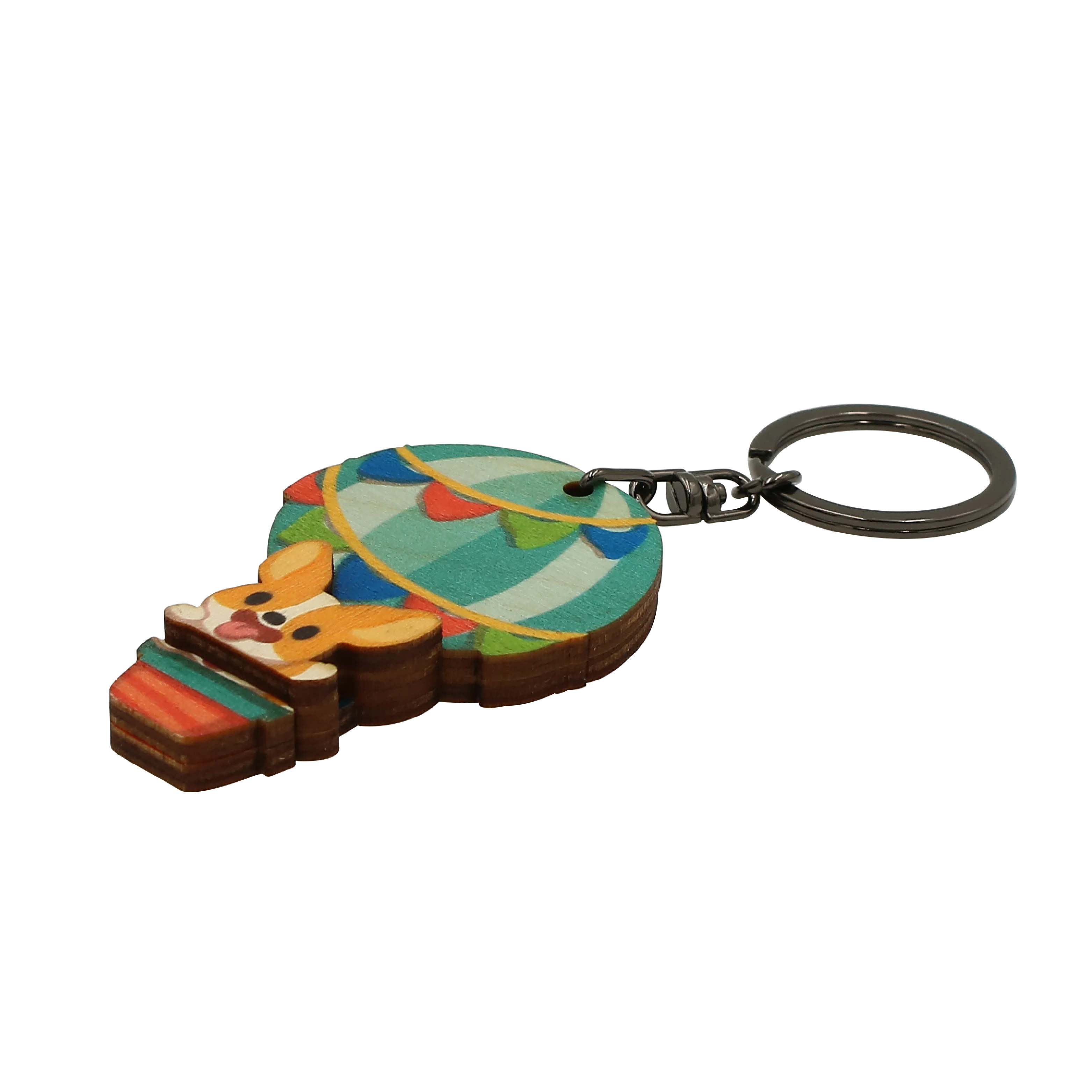 Custom Design Available Hot Air Ballon Corgi Dog Wooden Keychain for Promotional Gifts