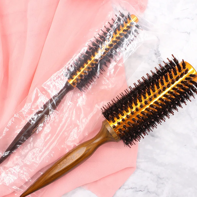 Handle Wooden Aluminum Tube Natural Boar Bristle Round Rolling Curly Hair Comb Hair Drying Styling Curling Hairbrush