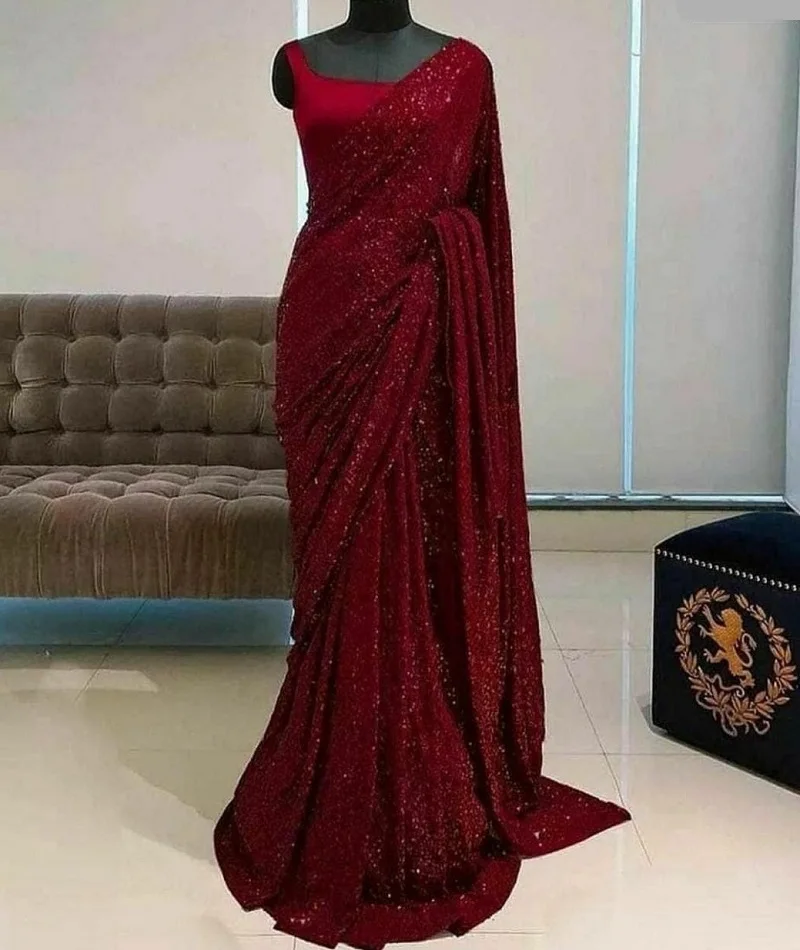 Indian Style Ethnic Wear Georgette Material Sequence Work Saree with Heavy Bangloriy Silk Lace Sequence Border Blouse for Women