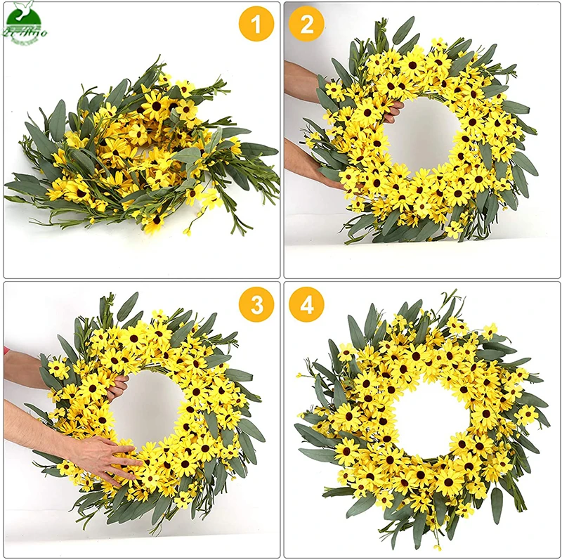 Custom Hot Sale Yellow Spring Sunflower And Daisy Wreath With Yellow Pip Berries And Green Leaves For Front Door Decoration