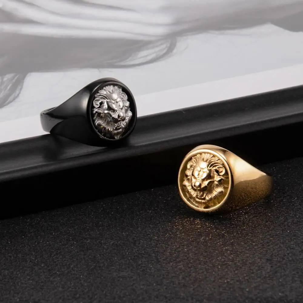 Custom Fashion Mens Jewelry Black Stainless Steel Gold Lion Head Finger Class Ring
