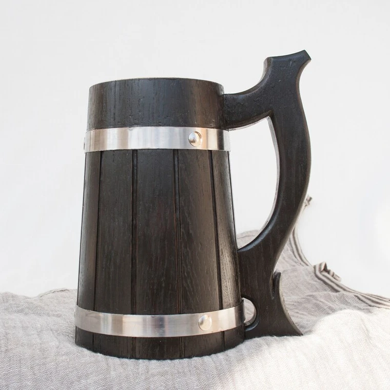 Drinking Mango Wooden beer mug on factory price hight quality with metal strips and food grade safety