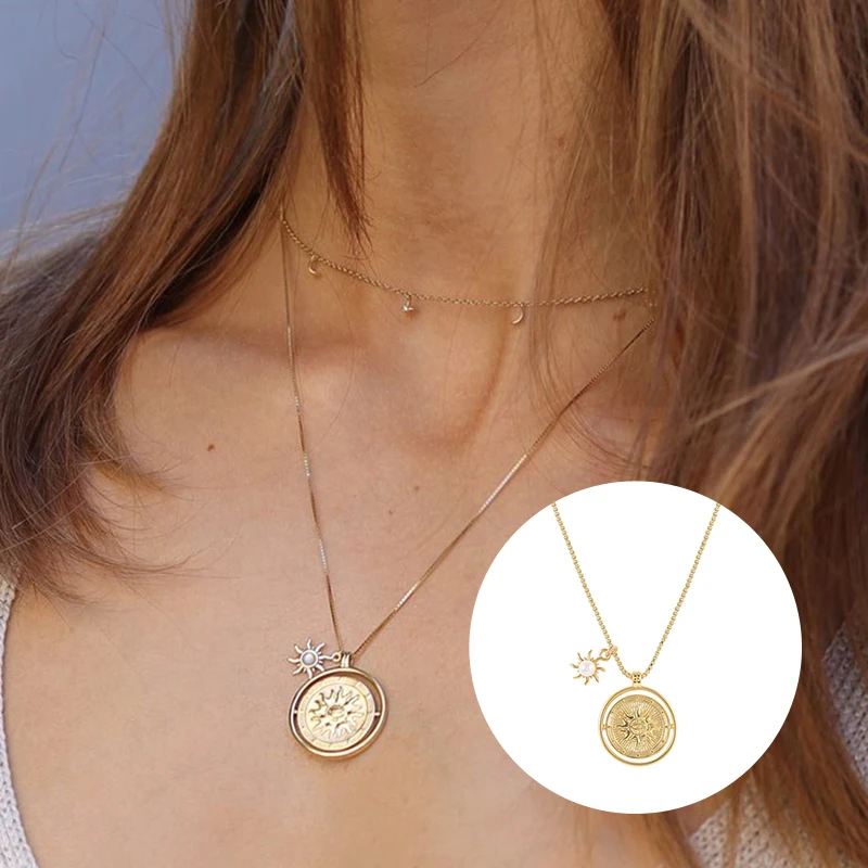 ROXI 18k Gold Plated Brass Vintage Sun Medallion Zircon Star Coin Charm Pendant Necklace
