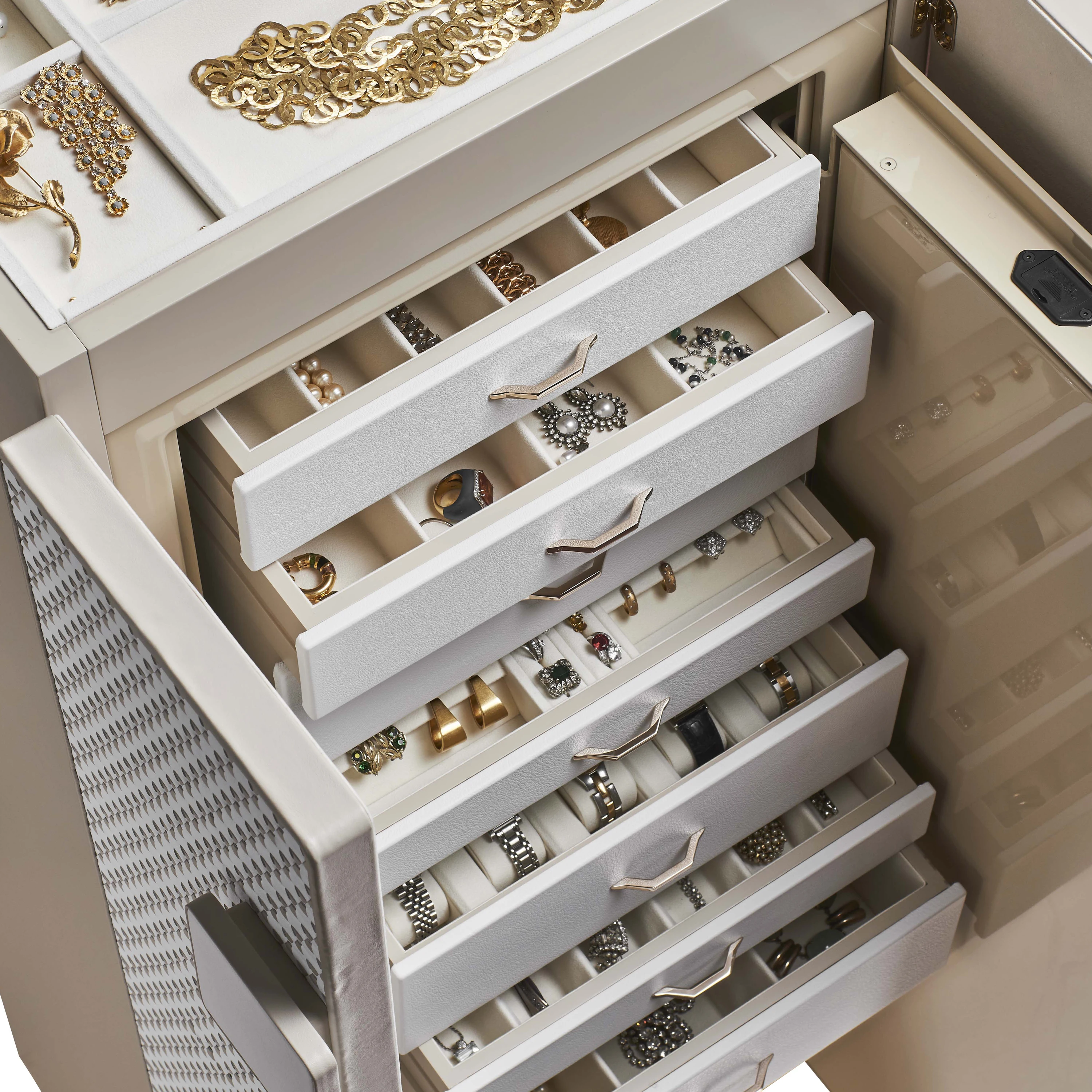 Armored jewelry cabinet covered in white and beige hand threaded leather