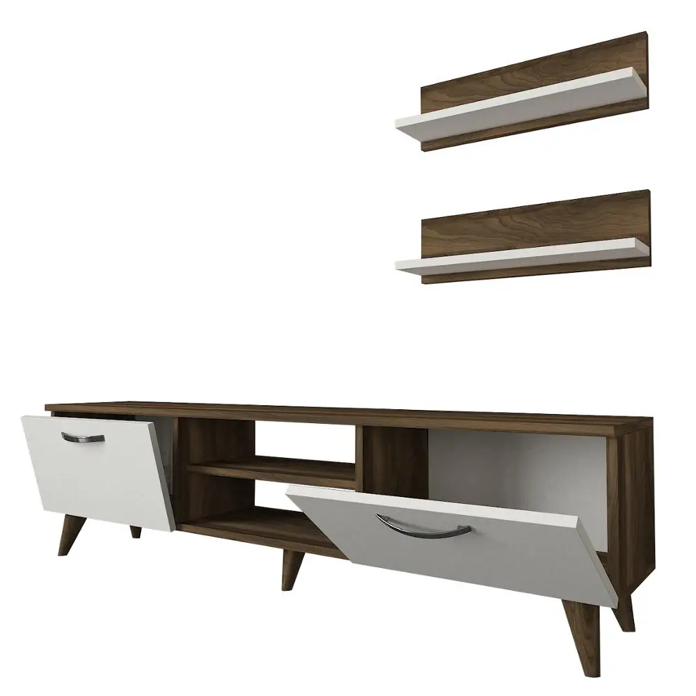 Ayden Simple Wood Tv Stand Modern Furniture White Walnut with Wallshelf