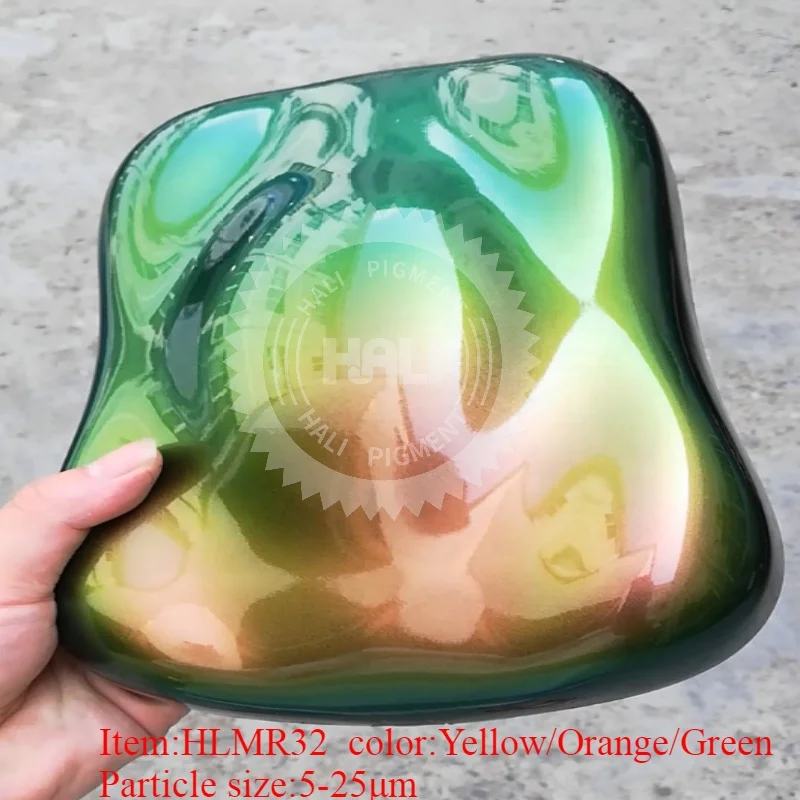 Super chameleon pigment optical chrome pigment powder hypershift mica pearl pigment item:HLMR01 color: gold/yellow/green
