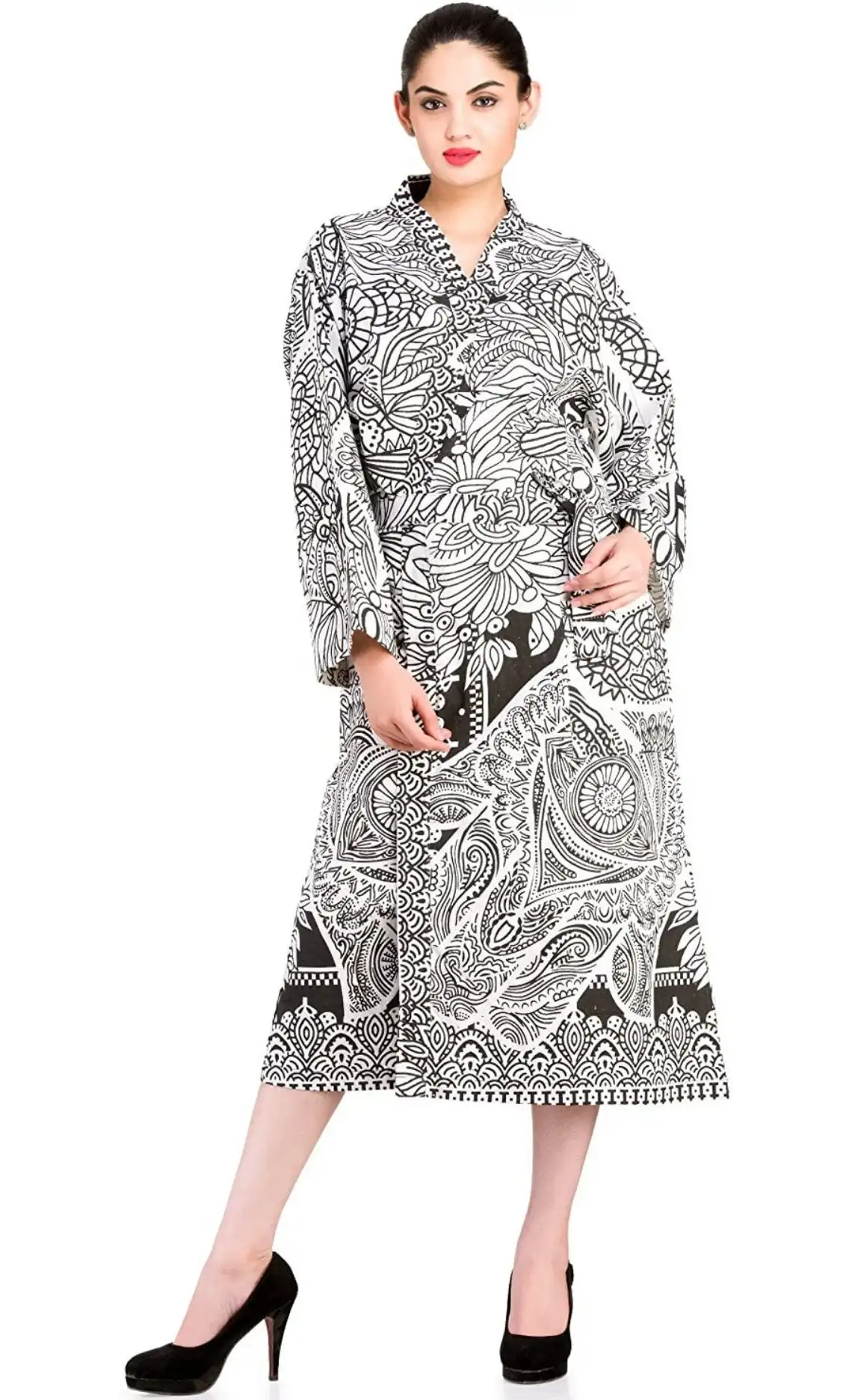 Cotton Mandala Long Sleeve Kimono Dress Festival Kaftan Psychedelic Maxi Jacket Robe Beach Cover Up Tunic