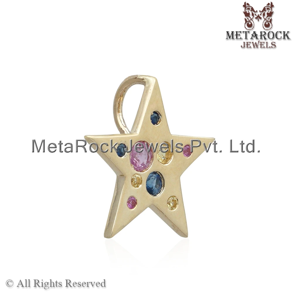 Multi Sapphire Gemstone Solid 14k Gold Handmade Star Charm 18MM Pendant Unisex Jewelry Charm For Bracelet, Necklace