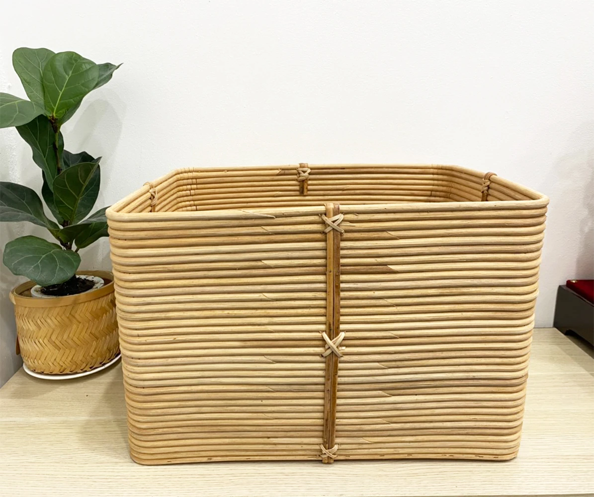 Hot trend natural light yellow rattan storage basket wicker storage box cane basket woven use for storageing books toys clothes