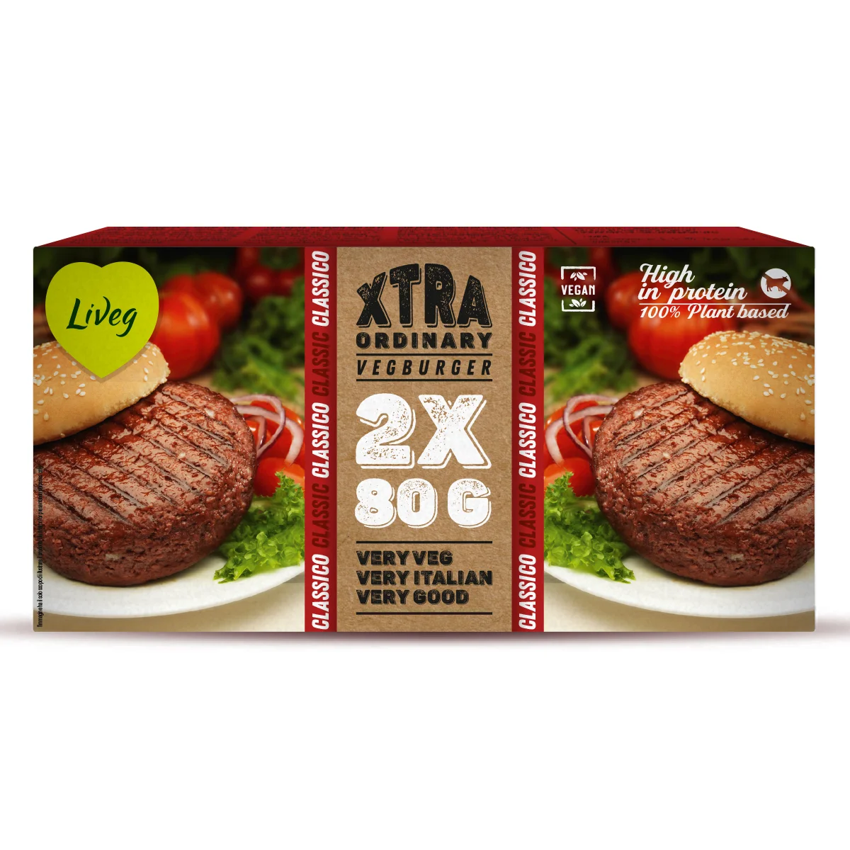 
VEGAN XTRABURGER CLASSIC, LIVEG-BIOLAB, MADE IN ITALY WITH SOY PROTEIN 2X80 GRAMS 