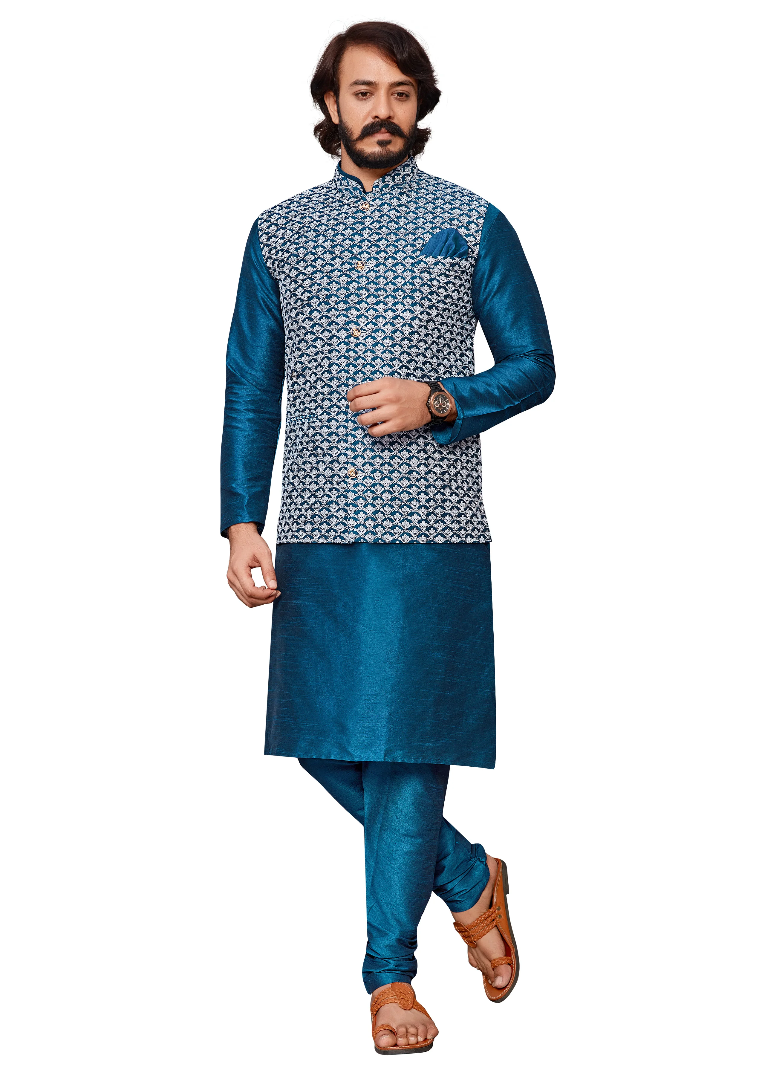
Lucknowi Work Kurta Pajama With Modi Jacket Mens wear Collection 