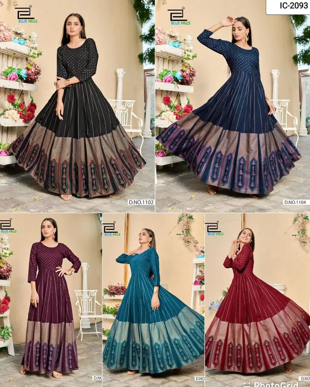 Heavy Designer Gown with 4mtr Flair and Kali design rayon printed work long kurti indian wear ladies fancy ethnic for casual