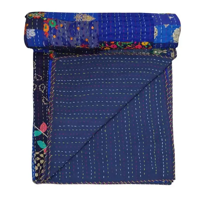 Хлопковое одеяло цвета индиго в стиле пэчворк Kantha покрывало для кровати ручной работы постельное белье Королевский размер