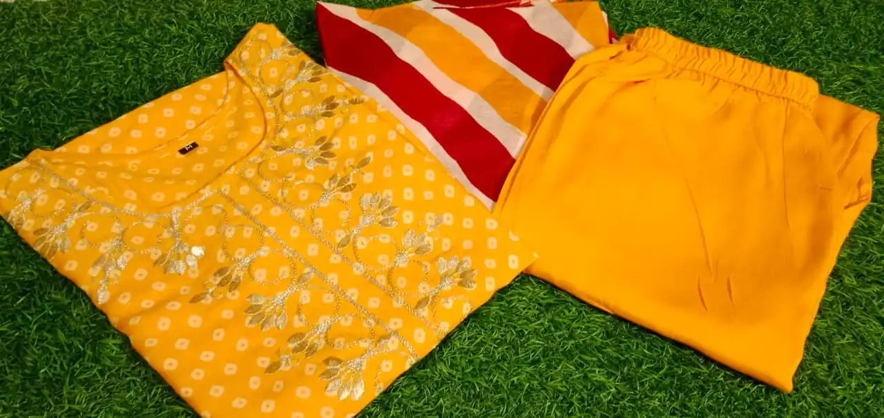 New Modern Beautiful Handcrafted Embroidery on Kurta Solid Pant Pajama with Leheriya Style Dupatta Traditional Indian Made