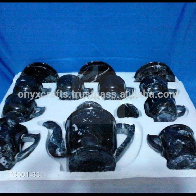 Black Marble Tea Set with Sugar and Milk Pot
