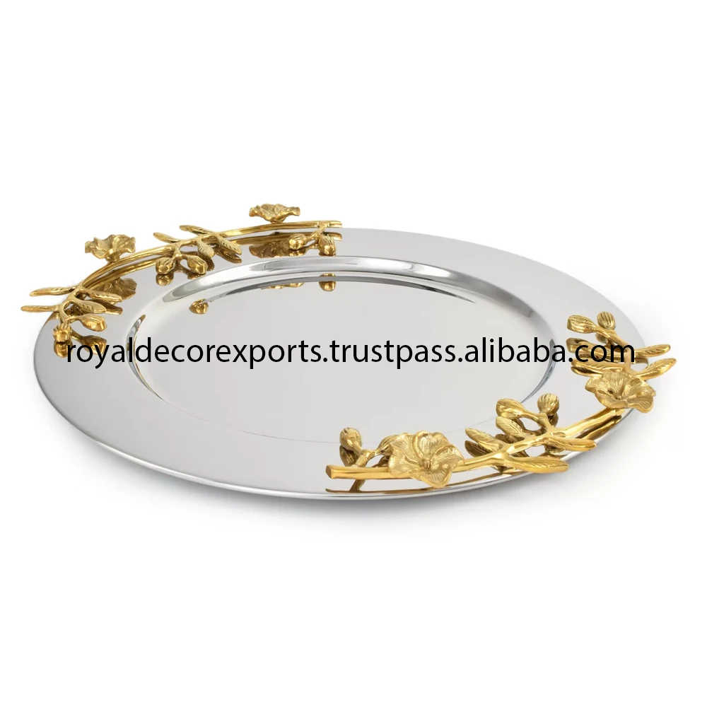 Metal Tray With Handles Stainless Steel Silver Charger Plates With Handle Gold Fancy Tableware Serving Platters Home Decoration