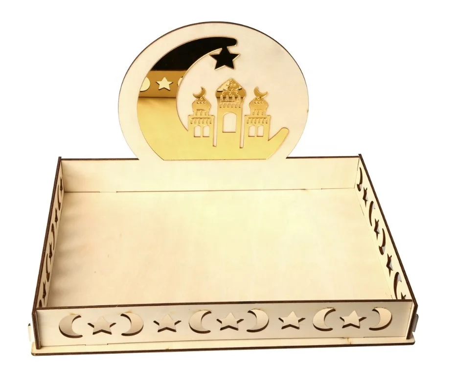 Eid Ramadan Mubarak Wooden Artistic Eid Mubarak Party Serving Tableware EID Muslim Ramadan Tray Display Wood Decoration