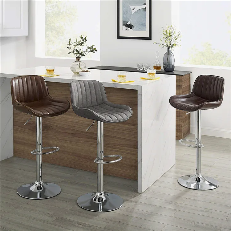 Height Adjustable Swivel Barstools Vintage Bar Chairs Brown High Back Soft Cushion Modern Bar Stool